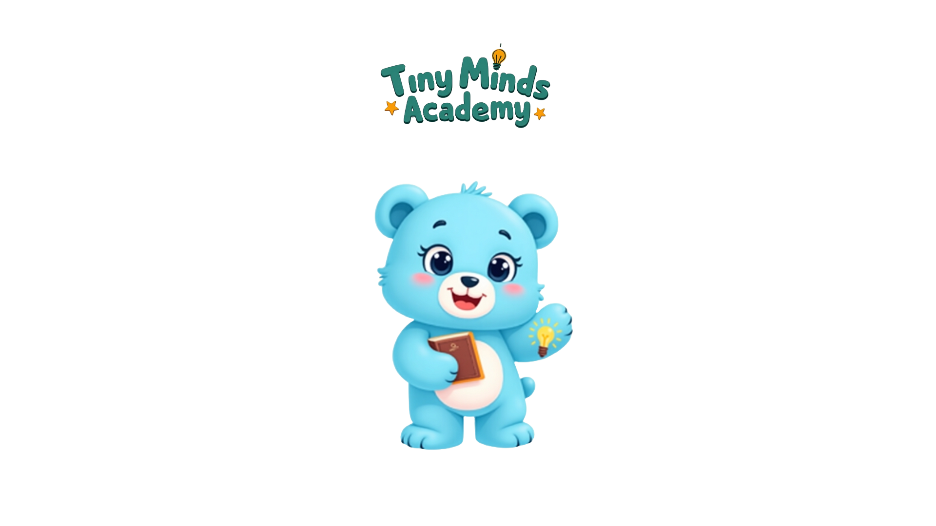Tiny Minds Academy Mascot - Blue bear with book and lightbulb representing education and bright ideas