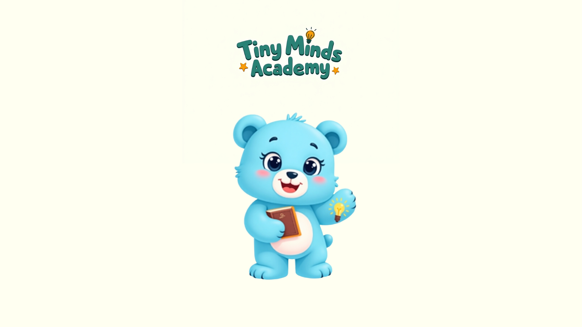 Tiny Minds Academy Logo - Blue bear mascot with book and lightbulb